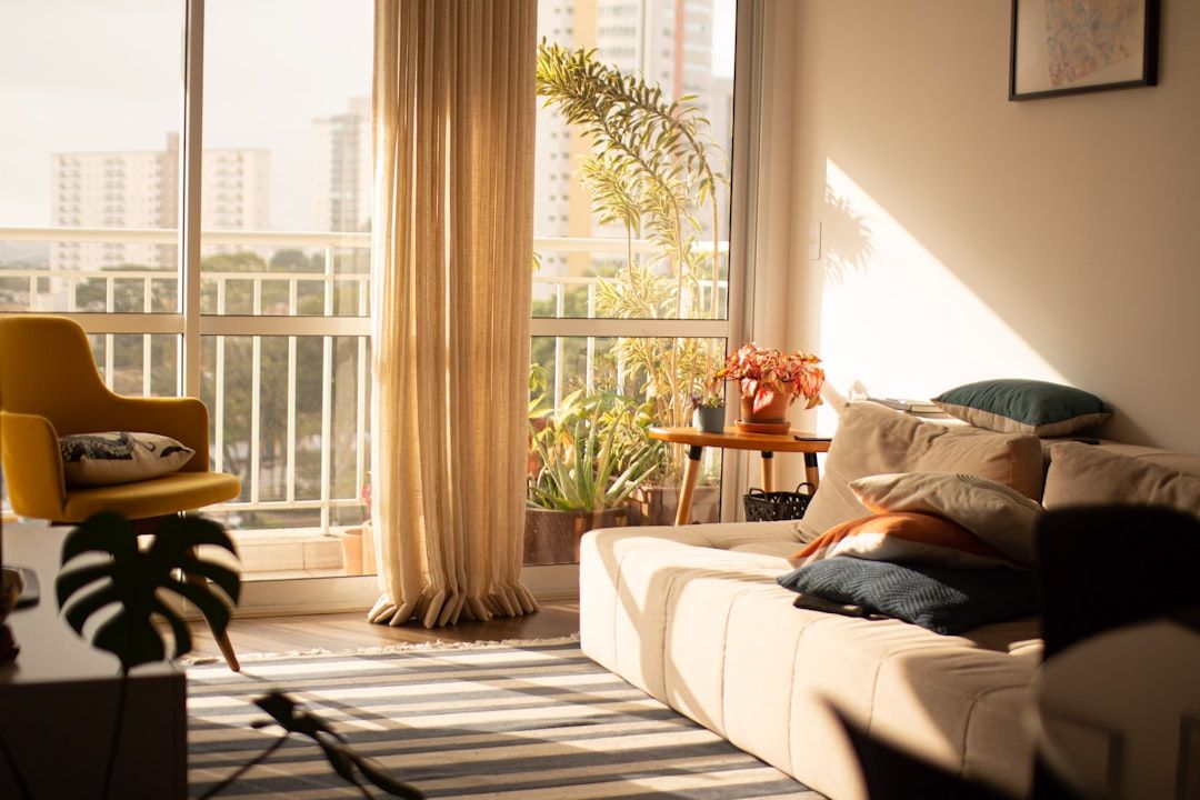 Sonnendurchflutetes Wohnzimmer eines Apartments.