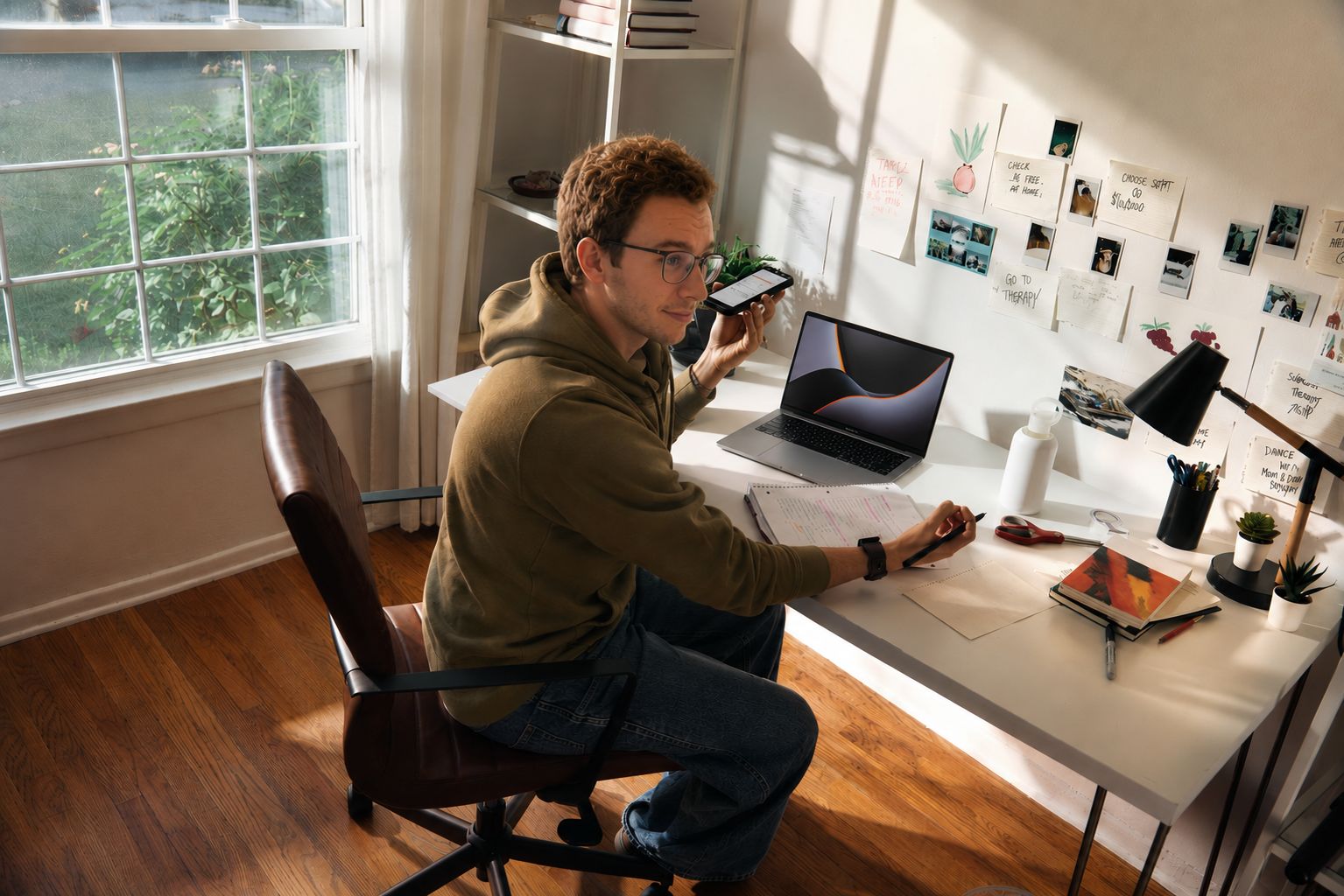 Student telefoniert mit vorbereiteten Kontakten am Laptop